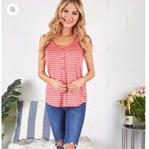 Pink Lily Coral Striped Tank with Button Front